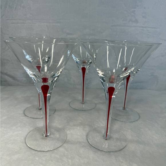 Set Of 5 Pier 1 Martini Cocktail Glasses Red Drip in Clear Stem Hand Blown 7